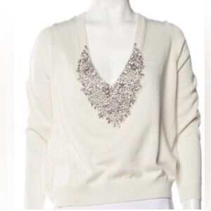 BA&SH Bejeweled V-Neck Sweater – US 10 / Large, Cream Off-White